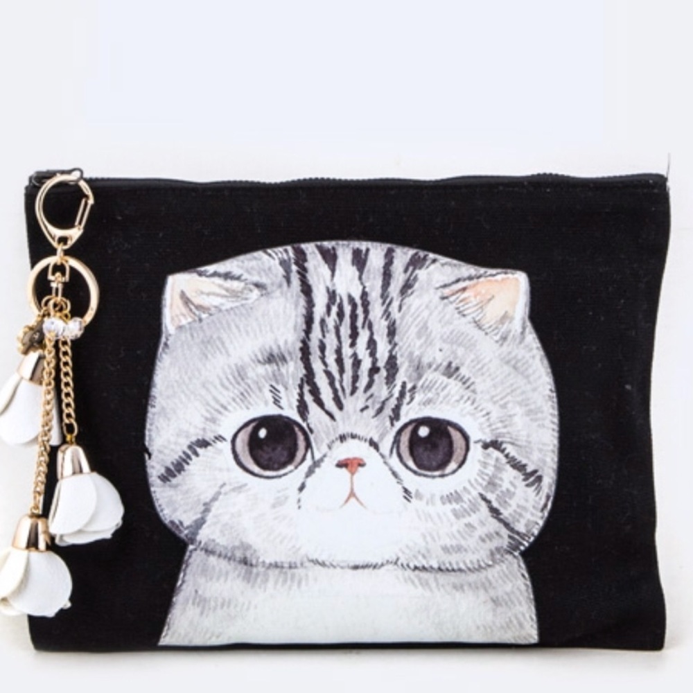 Adorable Kitty Zip Clutch W/ Flower Tassels NEW